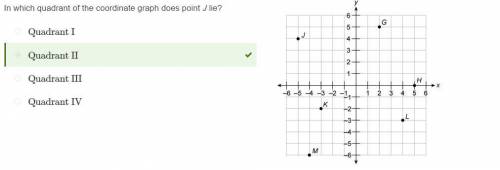 In which quadrant of the coordinate graph does point j lie?  quadrant i quadrant ii quadrant iii qua