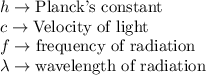 h\rightarrow\textrm{Planck's constant}\\c\rightarrow\textrm{Velocity of light}\\f\rightarrow\textrm{frequency of radiation}\\\lambda \rightarrow\textrm{wavelength of radiation}