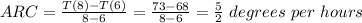 ARC=\frac{T(8)-T(6)}{8-6} =\frac{73-68}{8-6}=\frac{5}{2} \ degrees \ per \ hours