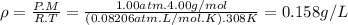 \rho=\frac{P.M}{R.T} =\frac{1.00atm.4.00g/mol}{(0.08206atm.L/mol.K).308K} =0.158 g/L