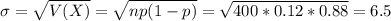 \sigma = \sqrt{V(X)} = \sqrt{np(1-p)} = \sqrt{400*0.12*0.88} = 6.5