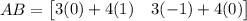 AB=\begin{bmatrix}3(0)+4(1) & 3(-1)+4(0)\end{bmatrix}