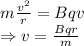 m\frac{v^2}{r}=Bqv\\\Rightarrow v=\frac{Bqr}{m}