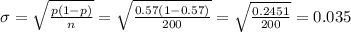 \sigma=\sqrt{\frac{p(1-p)}{n} } =\sqrt{\frac{0.57(1-0.57)}{200} } =\sqrt{\frac{0.2451}{200} } =0.035