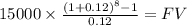 15000 \times \frac{(1+0.12)^{8} -1}{0.12} = FV\\