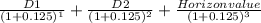 \frac{D1}{(1+0.125)^1} +\frac{D2}{(1+0.125)^2} +\frac{Horizon value}{(1+0.125)^3}