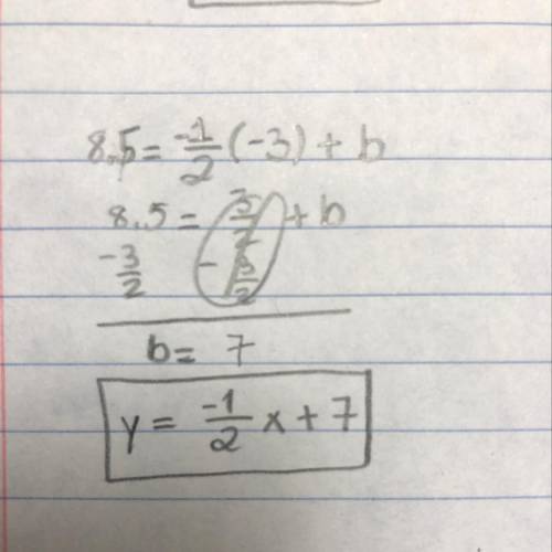 What is the equation for the line that is perpendicular to y=2x and passes through the point (-3, 8.