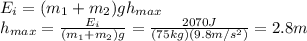E_i = (m_1+m_2)gh_{max}\\h_{max}=\frac{E_i}{(m_1+m_2)g}=\frac{2070 J}{(75 kg)(9.8 m/s^2)}=2.8 m