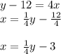 y-12=4x\\x=\frac{1}{4}y-\frac{12}{4}\\\\x=\frac{1}{4}y-3