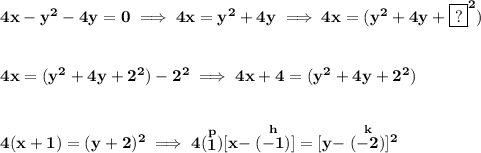 \bf 4x-y^2-4y=0\implies 4x=y^2+4y\implies 4x=(y^2+4y+\boxed{?}^2)&#10;\\\\\\&#10;4x=(y^2+4y+2^2)-2^2\implies 4x+4=(y^2+4y+2^2)&#10;\\\\\\&#10;4(x+1)=(y+2)^2\implies 4(\stackrel{p}{1})[x-\stackrel{h}{(-1)}]=[y-\stackrel{k}{(-2)}]^2