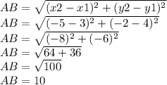 AB = \sqrt {(x2-x1) ^ 2 + (y2-y1) ^ 2}\\AB = \sqrt {(- 5-3) ^ 2 + (- 2-4) ^ 2}\\AB = \sqrt {(- 8) ^ 2 + (- 6) ^ 2}\\AB = \sqrt {64 + 36}\\AB = \sqrt {100}\\AB = 10