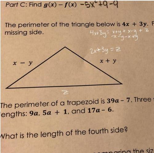 The perimeter of the triangle below is 4x + 3y. find the measure of the missing side. (picture of tr