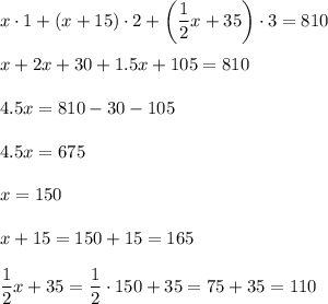 x\cdot 1+(x+15)\cdot 2+\left(\dfrac{1}{2}x+35\right)\cdot 3=810\\ \\x+2x+30+1.5x+105=810\\ \\4.5x=810-30-105\\ \\4.5x=675\\ \\x=150\\ \\x+15=150+15=165\\ \\\dfrac{1}{2}x+35=\dfrac{1}{2}\cdot 150+35=75+35=110