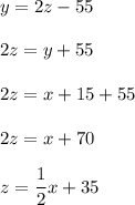 y=2z-55\\ \\2z=y+55\\ \\2z=x+15+55\\ \\2z=x+70\\ \\z=\dfrac{1}{2}x+35