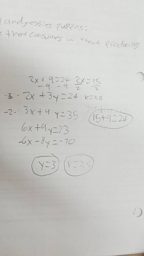 2x 3y=24 3x 4y=35 use elimination to solve for x,y
