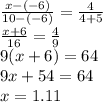 \frac{x-(-6)}{10-(-6)} = \frac{4}{4+5} \\ \frac{x+6}{16} = \frac{4}{9} \\ 9(x+6)=64 \\ 9x+54=64 \\ x=1.11