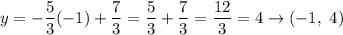 y=-\dfrac{5}{3}(-1)+\dfrac{7}{3}=\dfrac{5}{3}+\dfrac{7}{3}=\dfrac{12}{3}=4\to(-1,\ 4)