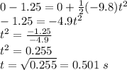 0-1.25=0+\frac{1}{2}(-9.8)t^2\\-1.25=-4.9t^2\\t^2=\frac{-1.25}{-4.9}\\t^2=0.255\\t=\sqrt{0.255}=0.501\ s