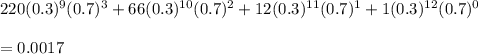 220(0.3)^9(0.7)^3+66(0.3)^{10}(0.7)^2+12(0.3)^{11}(0.7)^1+1(0.3)^{12}(0.7)^0\\\\=0.0017