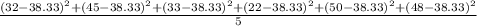 \frac{(32-38.33)^{2} +(45-38.33)^{2}+(33-38.33)^{2} +(22-38.33)^{2}+(50-38.33)^{2}+(48-38.33)^{2} }{5}