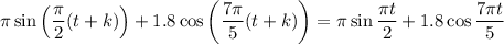 \pi\sin\left(\dfrac\pi2(t+k)\right)+1.8\cos\left(\dfrac{7\pi}5(t+k)\right)=\pi\sin\dfrac{\pi t}2+1.8\cos\dfrac{7\pi t}5
