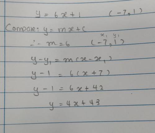 Write the equation of a line that is parallel to y=6x+1 and that passes through (-7, 1)