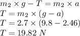 m_2\times g-T = m_2\times a\\T = m_2\times (g - a)\\T=2.7\times(9.8 - 2.46)\\T = 19.82\ N