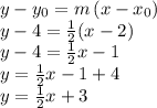 y-y_0=m\,(x-x_0)\\y-4=\frac{1}{2} (x-2)\\y-4=\frac{1}{2} x-1\\y=\frac{1}{2} x-1+4\\y=\frac{1}{2} x+3