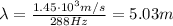 \lambda=\frac{1.45\cdot 10^3 m/s}{288 Hz}=5.03 m