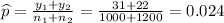 \widehat{p}=\frac{y_1+y_2}{n_1+n_2}=\frac{31+22}{1000+1200} =0.024