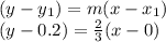 (y-y_1)=m(x-x_1)\\(y-0.2)=\frac{2}{3}(x-0)\\