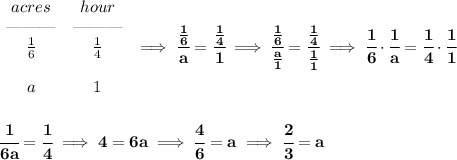 \bf \begin{array}{ccllll}&#10;acres&hour\\&#10;\text{\textemdash\textemdash\textemdash}&\text{\textemdash\textemdash\textemdash}\\&#10;\frac{1}{6}&\frac{1}{4}\\\\&#10;a&1&#10;\end{array}\implies \cfrac{\frac{1}{6}}{a}=\cfrac{\frac{1}{4}}{1}\implies \cfrac{\frac{1}{6}}{\frac{a}{1}}=\cfrac{\frac{1}{4}}{\frac{1}{1}}\implies \cfrac{1}{6}\cdot \cfrac{1}{a}=\cfrac{1}{4}\cdot \cfrac{1}{1}&#10;\\\\\\&#10;\cfrac{1}{6a}=\cfrac{1}{4}\implies 4=6a\implies \cfrac{4}{6}=a\implies \cfrac{2}{3}=a