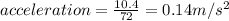 acceleration = \frac{10.4}{72} = 0.14m/s^2