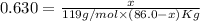0.630=\frac{x}{119 g/mol\times (86.0-x)Kg}