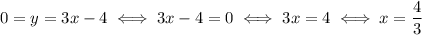 0=y=3x-4 \iff 3x-4=0 \iff 3x=4 \iff x=\dfrac{4}{3}