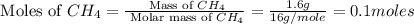 \text{ Moles of }CH_4=\frac{\text{ Mass of }CH_4}{\text{ Molar mass of }CH_4}=\frac{1.6g}{16g/mole}=0.1moles