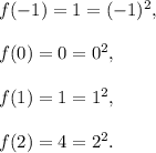 f(-1)=1=(-1)^2,\\\\f(0)=0=0^2,\\\\f(1)=1=1^2,\\\\f(2)=4=2^2.