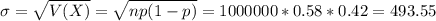 \sigma = \sqrt{V(X)} = \sqrt{np(1-p)} = \ssqrt{1000000*0.58*0.42} = 493.55