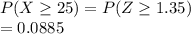 P(X\geq 25) =P(Z\geq 1.35)\\=0.0885