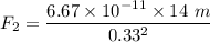 F_2 = \dfrac{6.67\times 10^{-11} \times 14\ m}{0.33^2}
