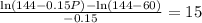 \frac{\ln (144-0.15P)- \ln(144-60)}{-0.15}}=15
