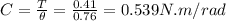C=\frac{T}{\theta }=\frac{0.41}{0.76}=0.539 N.m/rad