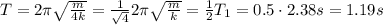 T = 2\pi \sqrt\frac{m}{4k} = \frac{1}{\sqrt4} 2\pi \sqrt \frac{m}{k} = \frac{1}{2} T_{1} = 0.5 \cdot 2.38 s = 1.19 s