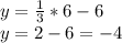 y=\frac{1}{3}*6-6\\&#10;y=2-6=-4