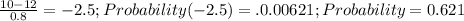 \frac{10-12}{0.8} = -2.5; Probability(-2.5)=.0.00621; Probability = 0.621%