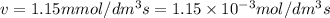 v=1.15 mmol/dm^3 s=1.15\times 10^{-3} mol/dm^3 s