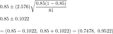 0.85\pm (2.576)\sqrt{\dfrac{0.85(1-0.85)}{81}}\\\\0.85\pm0.1022\\\\=(0.85-0.1022,\ 0.85+0.1022)=(0.7478,\ 0.9522)