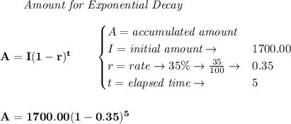\bf \qquad \textit{Amount for Exponential Decay}\\\\&#10;A=I(1 - r)^t\qquad &#10;\begin{cases}&#10;A=\textit{accumulated amount}\\&#10;I=\textit{initial amount}\to &1700.00\\&#10;r=rate\to 35\%\to \frac{35}{100}\to &0.35\\&#10;t=\textit{elapsed time}\to &5\\&#10;\end{cases}&#10;\\\\\\&#10;A=1700.00(1-0.35)^5