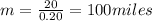 m = \frac{20}{0.20} = 100 miles