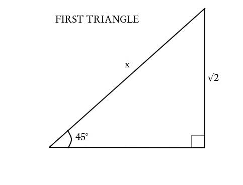 What is the value of y?  a right triangle has a vertical leg labeled square root of 2 with its oppos